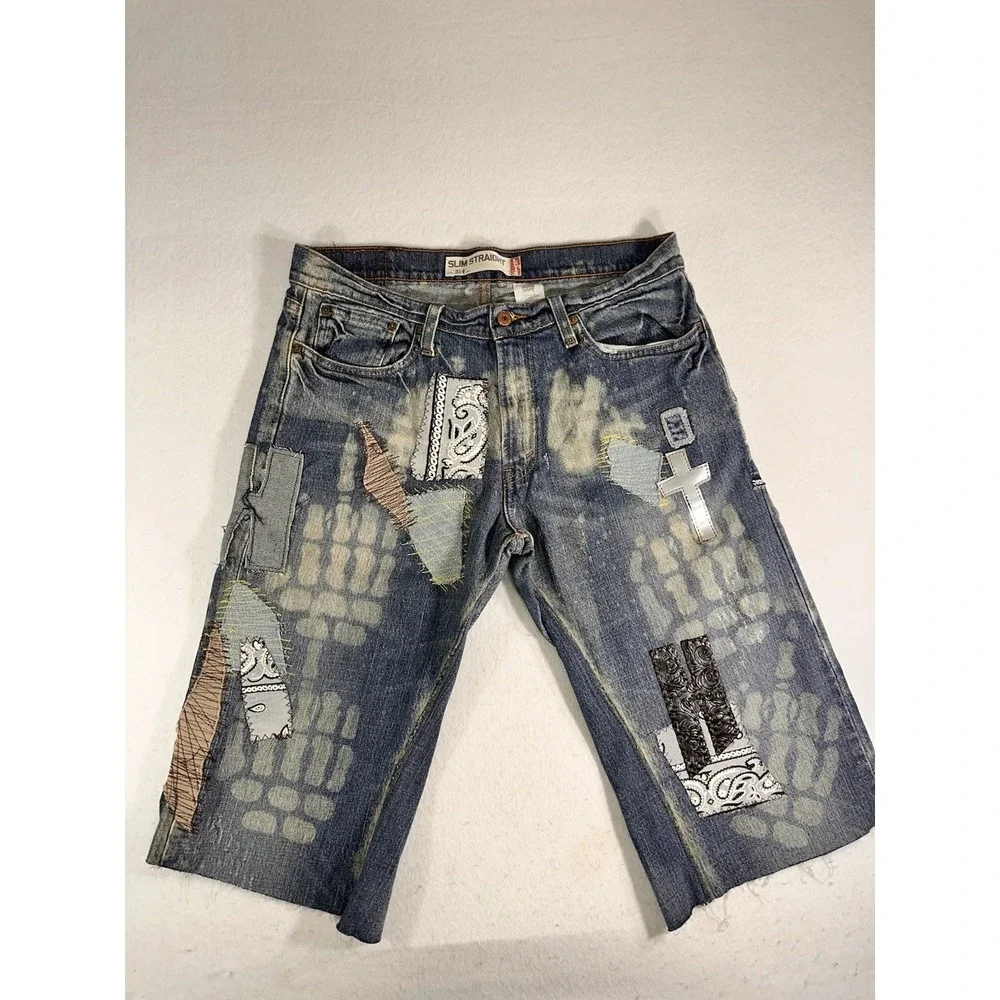 Levi's 514 Men's Slim Straight Blue Denim Cut-Off Shorts Distressed Patchwork